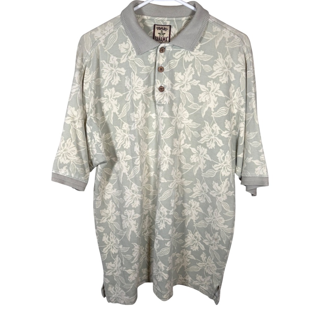 Tommy Bahama Mens M Silk Blend Floral Polo Shirt Sage Green Coconut Buttons